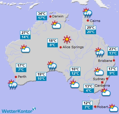 Wettervorhersage für Australien am Donnerstag Wettervorhersage für Australien am Donnerstag