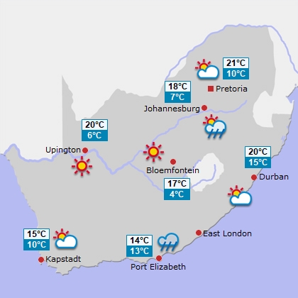 Wettervorhersage für Südafrika am Sonntag Wettervorhersage für Südafrika am Sonntag